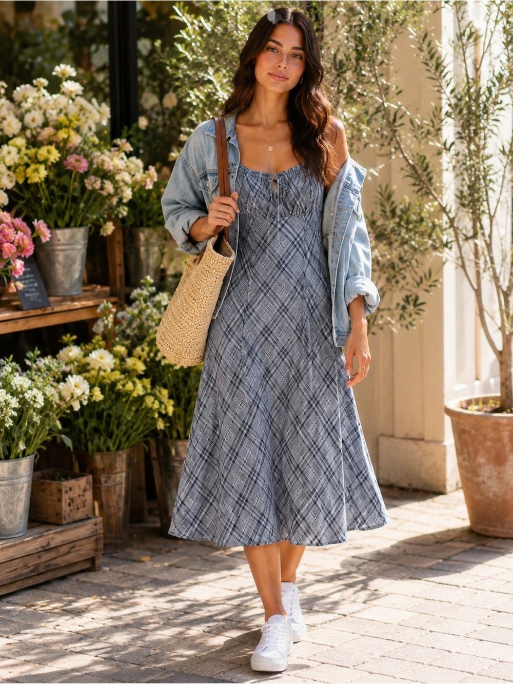 SO Blue Plaid Smocked Midi Dress XS Cottagecore Prairie Sundress